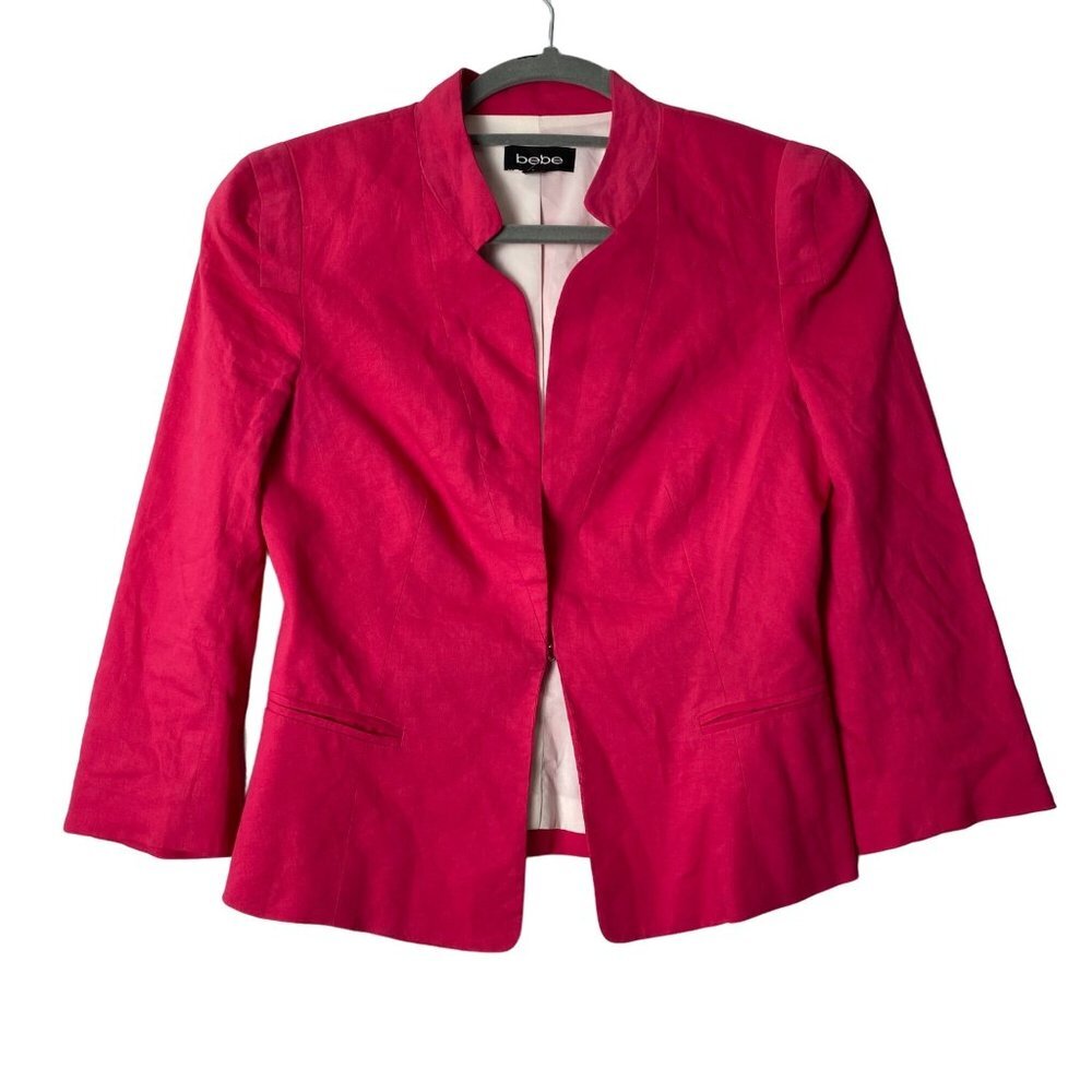 bebe Women Size 2‎ Pink Linen Blend Fitted Hook Front Jacket Blazer